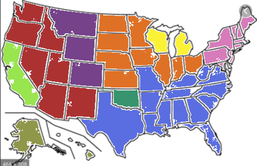orange up west blue yee yee light purple smart yellow wisconson and michigan region dark purple mountain dark green oklahoma lime green l a olive green not states